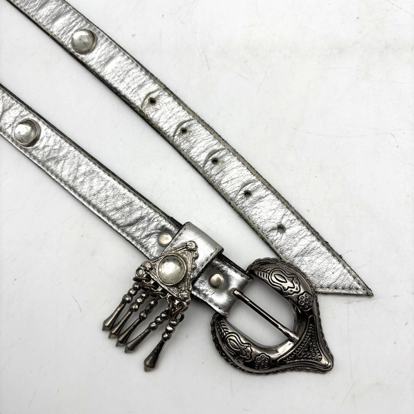 Vintage 80s 90s LEATHEROCK Silver Leather Dangle Buckle Jeweled Waist Belt 25-29 - Picture 9 of 15
